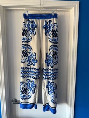 White Wide-Leg Pants with Bold Blue Printed Pattern